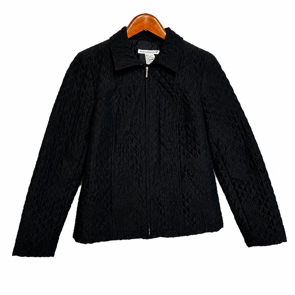 Requirements Womens Black Quilted Floral Embroidered Zip Front Jacket Size M